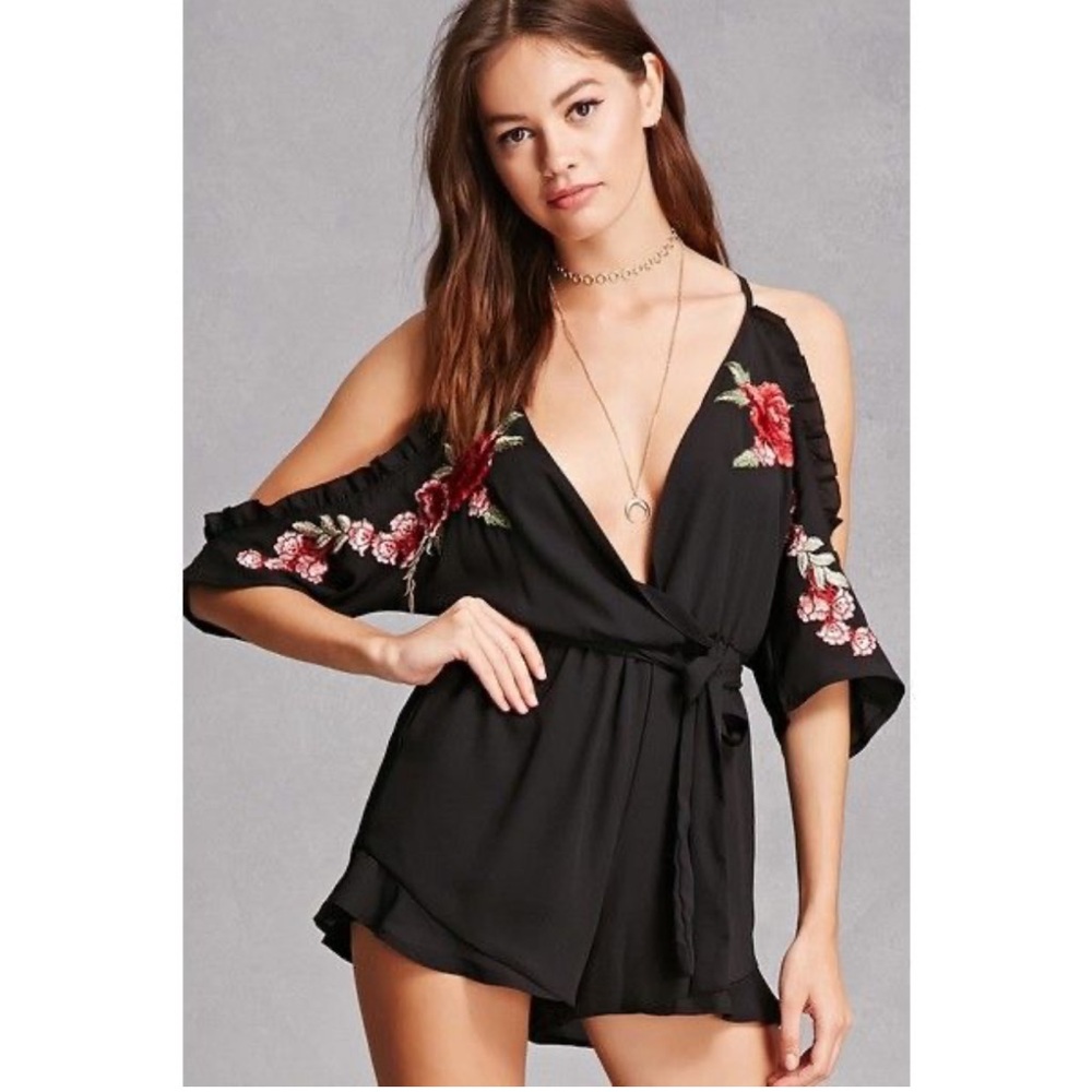 Haute Rogue Black Floral Romper with Red Rose Embroidery
